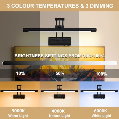 Image of 17 inchBattery Operated Picture Light, 5200mAh Rechargeable Wall Light for Paintings, 3-Color & Dimmable LED Art Light with 270 Rotate Arm, Cordless Frame Lighting for Gallery, Living Room, Black