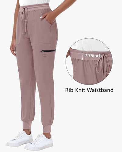 Image of MIVEI High Waisted Jogger Style Scrub Pants for Women - 8 Pockets Medical Bottoms Tapered Yoga Waistband Ribbed Ankle Cuffs