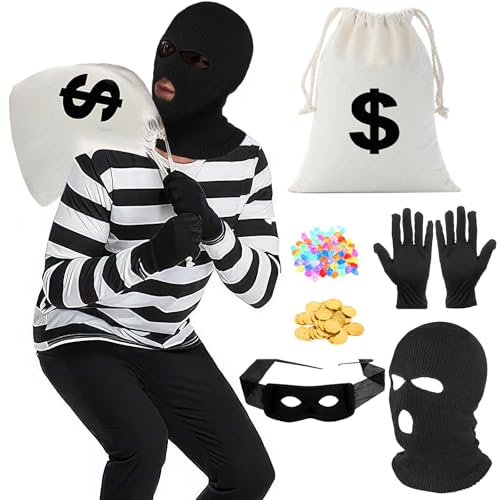 Maazusa Costume de voleur de banque pour homme - T-shirt rayé noir et blanc - Gants - Masque pour les yeux - Sac à main blanc - Pièces d'or pour Halloween, carnaval, cosplay, fête (M)