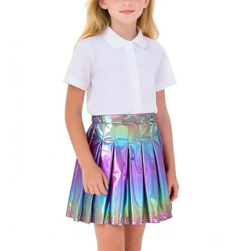Holographic Metallic Skater Skirt for Girls High Waisted Summer Shiny Flared A-Line Mini Skort for 4-15 Years