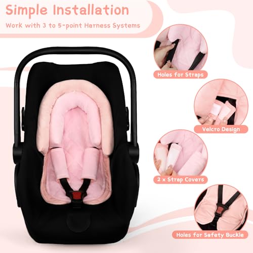 Image of Baby Car Seat Head Body Support & Strap Covers, 2 in 1 Infant Car Seat Insert, Reversible Soft Breathable Newborn Cushion Pads for Preemie, Perfect for Baby Carseats, Strollers, Swings (Light Pink)
