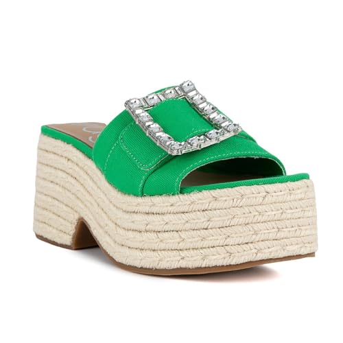 Sugar Women's Slip-On Platform Espadrille Sandals – Chunky Wedge Slide with Fabric Upper and Rhinestone Buckle – Summer Fashion Shoe for Casual & Beach Wear