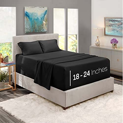 Image of Nestl California King Bed Sheet Set - Black - 4-Piece Extra Deep Pocket | Instantly Soft, Night-One Ready (No Wash Required). Fits Extra Deep Pockets up to 24 Inches, 360-Degree Elastic Grip