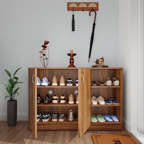 Image of VIKI | Shoe Rack with Doors and Open Shelves, Shoe Storage,Shoe Cabinet for Hallway, Organizer Unit for Entryway, Width 120cms, Brussel Walnut Colour | 1 Year Warranty