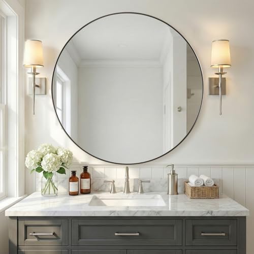 Image of ANDY STAR Circle Mirror, Large Round Brushed Nickel Bathroom Mirror, Silver Round Vanity Mirror, Seamless Thin Metal Frame, 1 inch Deep Wall Mounted, Perfect for Oversized Space