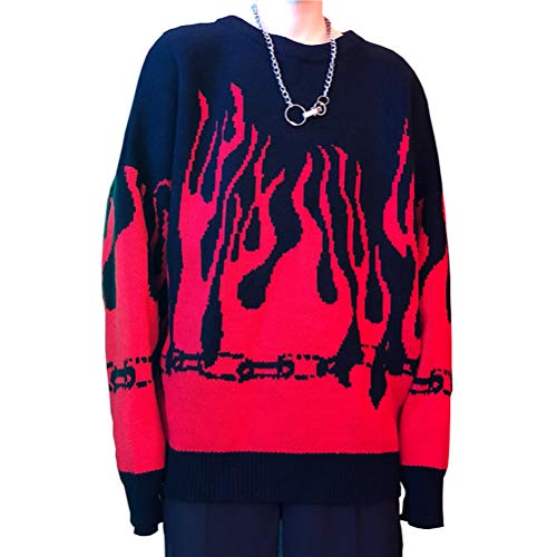 Women Sweater Long Sleeve Flame Bat Sleeve Jumper Oversized Casual Knitting Pullover Tops Red