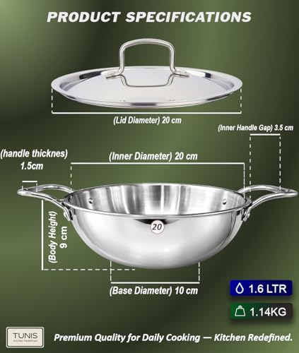 Image of TUNIS Triply Stainless Steel Kadai with Dual Handles | Deep Kadhai Wok for Frying, Cooking, Sabzi, Curries & Indian Kitchen (with Lid, 20 Cm)