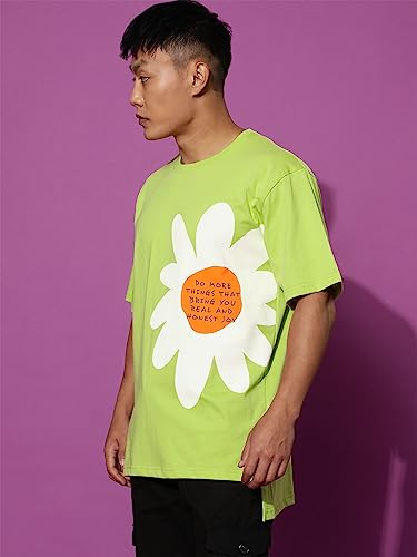 Image of Veirdo Cotton Black & Limeade Oversized Fit Half Sleeve Crew-Neck Floral Printed Longline T-Shirt for Men
