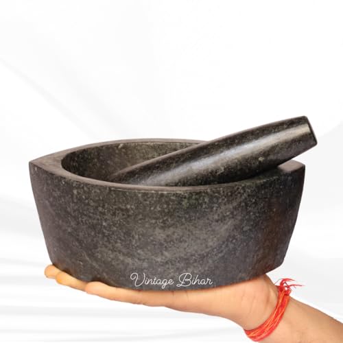 VintageBihar Hansraj Stone Mortar and Pestle Set – Boat Shape Khalbatta, Silbatta for Kitchen, Kharal for Spices, Herbs, and Chutneys (Length = 8 Inch)