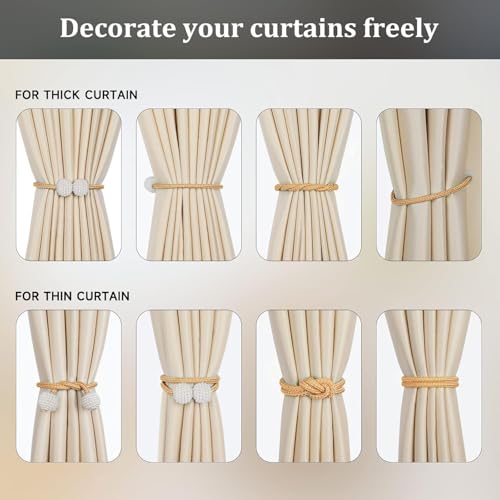 Image of INOVERA (LABEL) 8 Pieces Magnetic Curtain Tiebacks - Decorative Windows Curtain Tie Rope - Drapery Holdbacks for Home, Office (Beige)