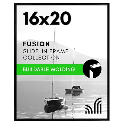 Americanflat 16x20 Picture Frame with Polished Front Cover - Slide-In Photo Frame with Buildable Molding - Fusion Collection - Picture Frames for Wall Display - Black