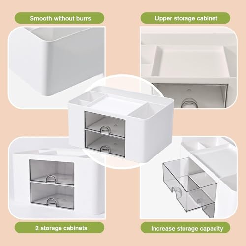 Image of Desk Organizer with 2 Drawers | Multi-Functional Stationery Holder for Office, Study Table, Home | 5 Compartment Pen, Pencil, Marker Storage Box for School & Art Supplies (White)