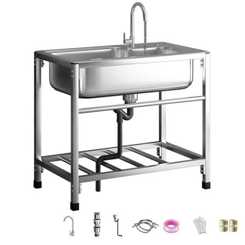 Utility Sink Free Standing Single Bowl Kitchen Sink with Cold and Hot Water Pipe Stainless Steel Sink for Laundry Room Bathroom(58x43x75cm/22.8x16.9x29.5in)