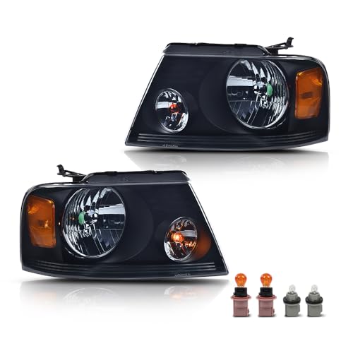 Image of GRAND ORANGE Headlight Assembly Compatible with Ford F150 2004 2005 2006 2007 2008 / Fit Lincoln Mark LT 2006-2008 Driver & Passenger Side Headlamp Smoke lens Black Houing Amber Reflector