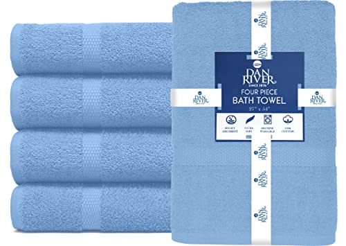 Image of DAN RIVER Bath Towels Set of 4, 27 x 54 Inches, 100% Cotton, Larger & Lighter Weight, Quicker to Dry, Super Soft and Absorbent, Ideal Cotton Towels for Bathroom for Daily Use, Medium Blue