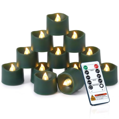 Image of Homemory 12-Pack Green Remote Flameless Battery Tea Light Candles, 400+ Hrs | 2 /4 /6 /8H Timer LED Flickering Tealight Votives for Christmas Trees, Holiday Greenery, Wedding Centerpieces and Floral Decor