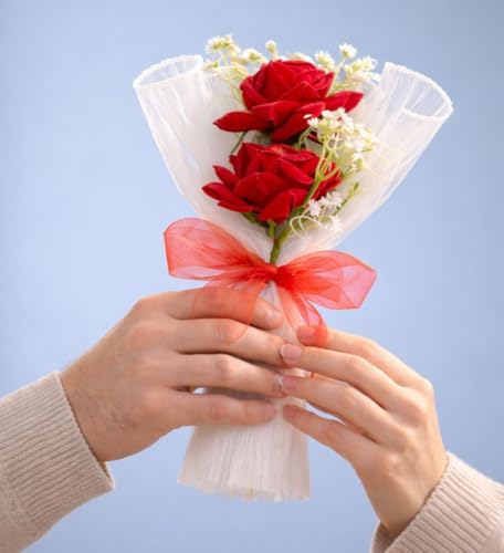 Image of SATYAM KRAFT 1 Pcs Artificial Flower Mesh Rose Bouquet for Him Her Girlfriend Boyfriend Wife Husband | Romantic Decor for Anniversary, Wedding, Birthday, Home Decor (White)