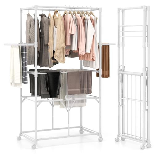 COSTWAY Grand Séchoir à Linge Pliable en Alu, Étendoir à Linge a roulettes 174 CM, 10 Barres, 2 Tringles, 2 Ailes Latérales, Étagère Rabattable, Portant...
