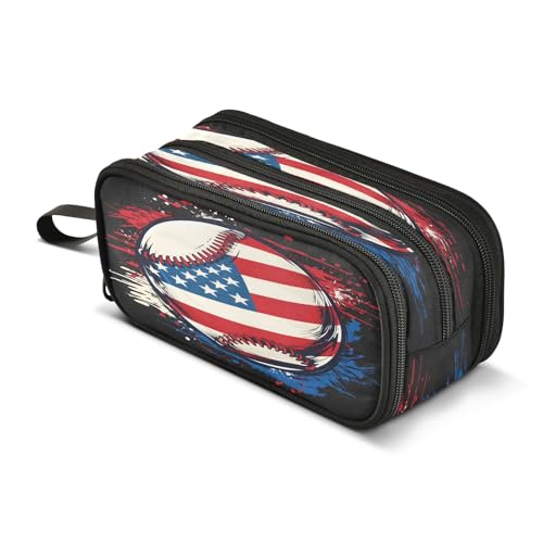 Image of American Flag Baseball Pencil Case 3 Compartment Pen Bag Pouch Holder Box School Portable Stationery Storage Bag for Girls Boys