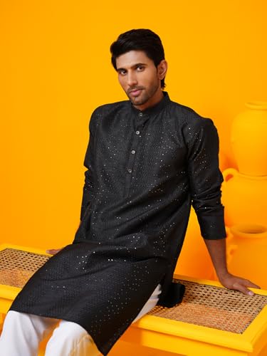 Image of SOJANYA (Since 1958 Men's Silk Bend Krochet Thread Embroidered Kurta with White Pyjama