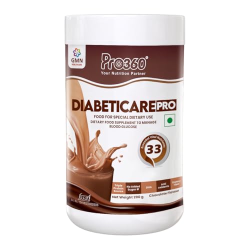 Image of Pro360 DiabetiCare Pro Nutritional Diabetic Protein Food Supplement Powder to Manage Diabetes and Blood Glucose for Adults (Men & Women) - 200gm Jar (Chocolate)