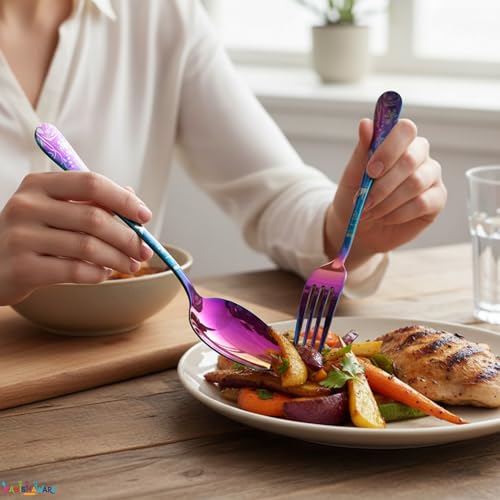 Image of Floral Rainbow 20 Pcs Stainless Steel Cutlery Set for Dining Table, Dishwasher Safe Glossy Flatware (4 Spoon Set+4 Forks Set+4 Butter Knife+4 Dessert Spoon+ 4 FruitFork)