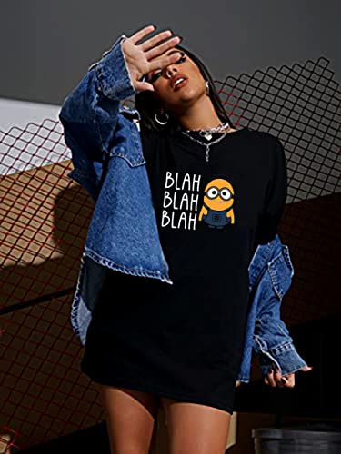 Image of MyTees Pure Cotton Oversized T Shirts for Women Casual Printed Baggy Oversized Round Neck Drop Shoulder Tshirt Black T-Shirt Size S to XL