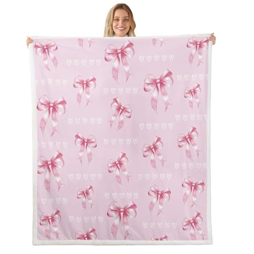 feelingyou Manta de franela de forro polar rosa de ensueño, alfombra de cama con corazones y lazo para cama, sofá, 40 x 50 pulgadas, bonita manta de felpa con estampado de lazo para niñas, ropa de