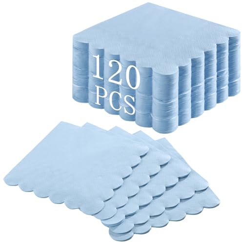 NatNarr 120 Pcs Cocktail Napkins Light Blue Napkins Boy Baby Shower Napkin Disposable Scalloped Blue Beverage Dessert Napkin for Coastal party Birthday Bridal Shower Bachelorette 5 x 5 Inch