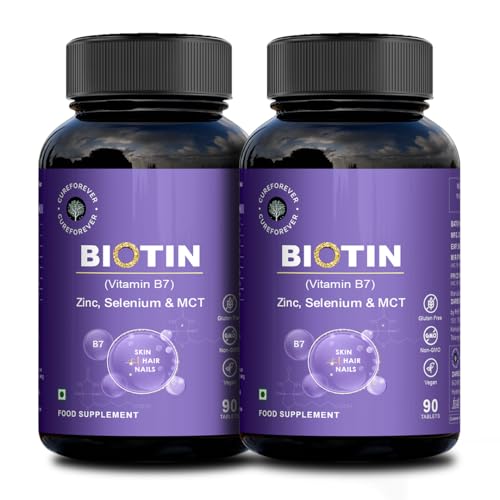 Image of CUREFOREVER Biotin Tablets with Zinc, Selenium & Coconut MCT for Healthy Hair, Skin, and Nails | Hair Vitamins for Men & Women (90 Count (Pack of 2))