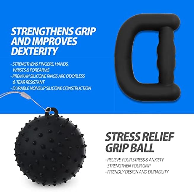 Hand Grip Strengthener Kit Forearm strengthener 6 Pack, Adjustable Hand Grip Strengthener, Finger Exerciser, Finger Strengthener, Hand Gripper, Wrist Gyro Ball, Stress Relief Grip Ball with Carry Bag