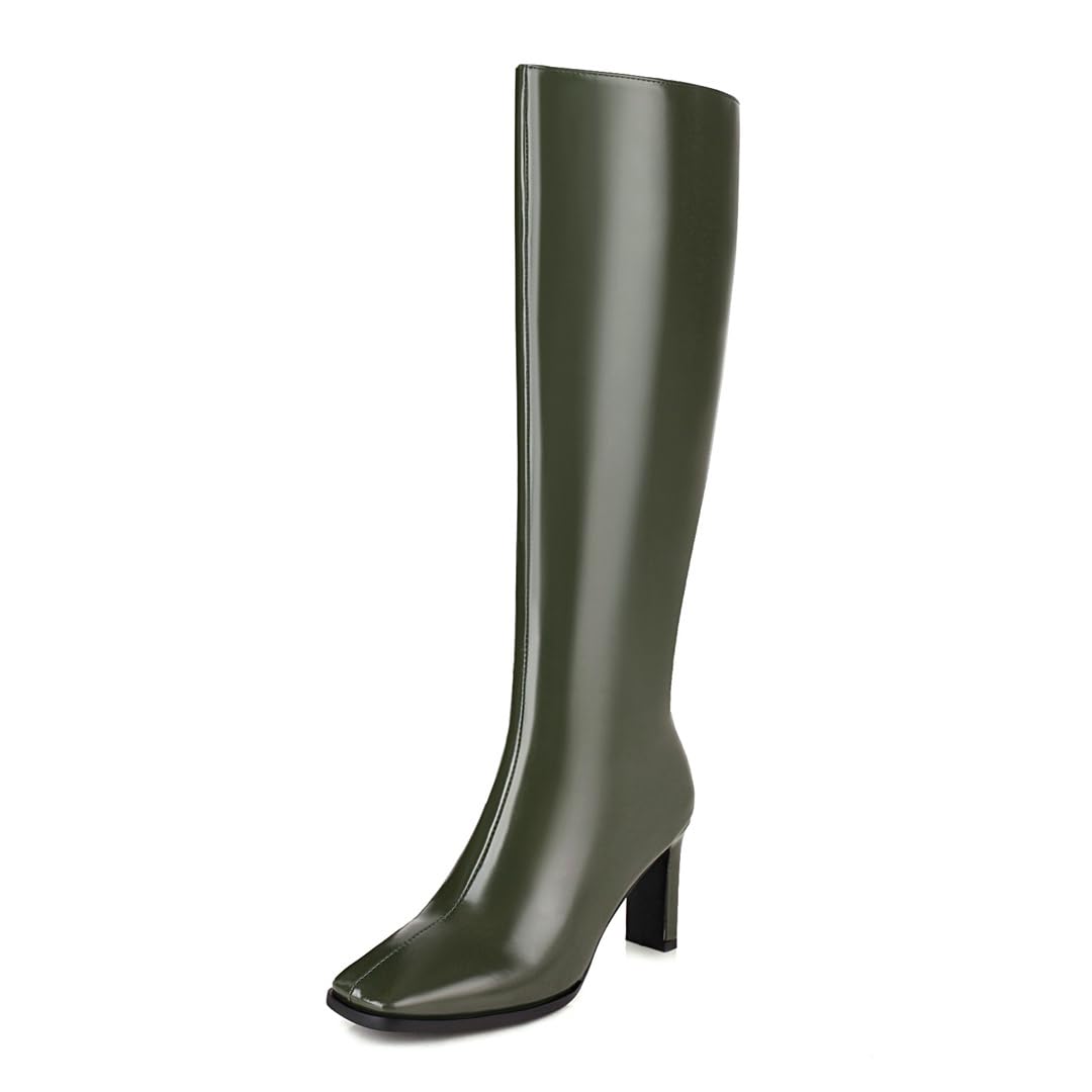 BEAUPAS Womens Knee High Boots Square Toe Chunky High Heel Side Zipper