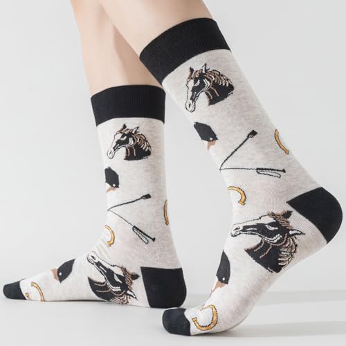 Image of 5 Pairs Cute Animal Crew Socks Fun Casual Cotton Calf Socks for Women (US, Alpha, One Size, Regular, Regular, Horse)