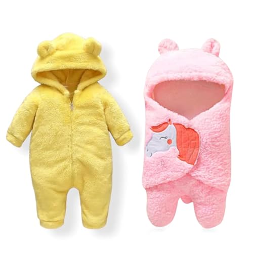 Image of Baby Bear Hooded Fleece Romper and Swaddle Wrap Set, Plush Teddy Design, Brown (2, Yellow&Pink, Baby)