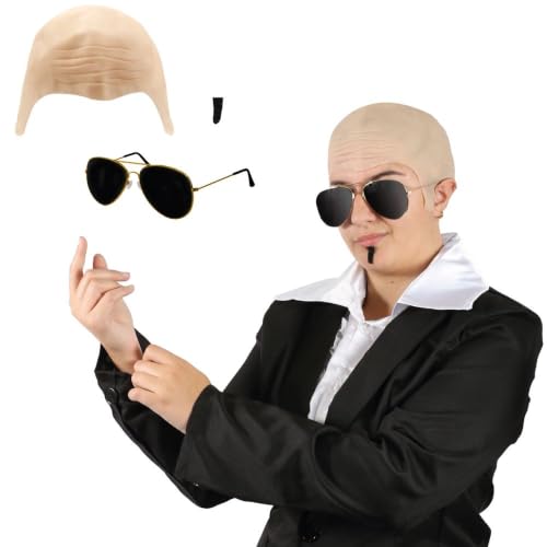 Adults Mr Worldwide Accessory Set - Bald Cap Black Sunglasses Black Soul Patch - Mens Ladies Music Icon Famous Celebrity Fancy Dress Costume Accessory Set