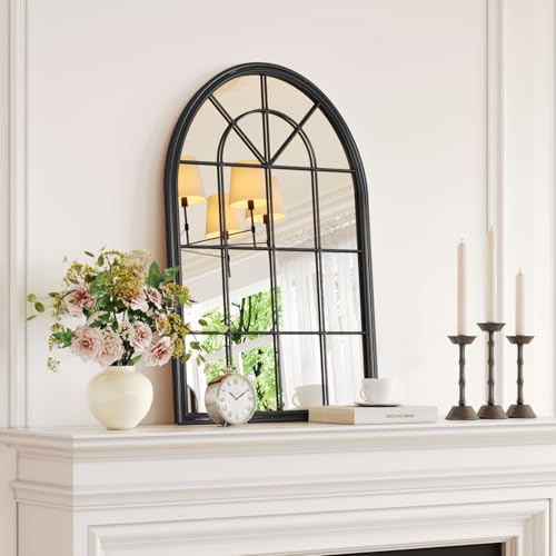 Image of Window Mirrors for Wall Decor - Large Black Farmhouse Arched Window Pane Mirror for Wall Decor Living Room,Wall Mounted Mirror for Entryway, Fireplace,Dining Room,Bedroom,36 inchX24 inch Metal Framed