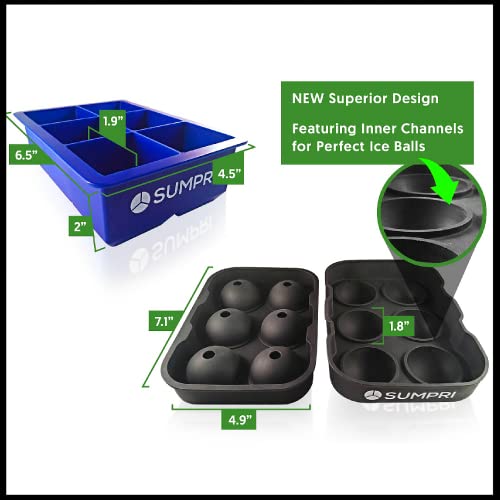 Sumpri Ice Cube Sphere Trays: 6 Large Square & 6 Jumbo Ball Blocks, Whiskey, Cocktails, Mixed Drinks, Frozen Fruits, 2 Reusable Silicone Molds, 1 Lid #TOP3