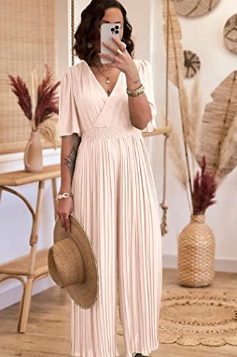 Prettygarden Women's Jumpsuits Casual Wrap V Neck Ruffle Sleeve Wide Leg Flowy Romper One Piece Summer Outfits (Apricot,Large) #TOP2