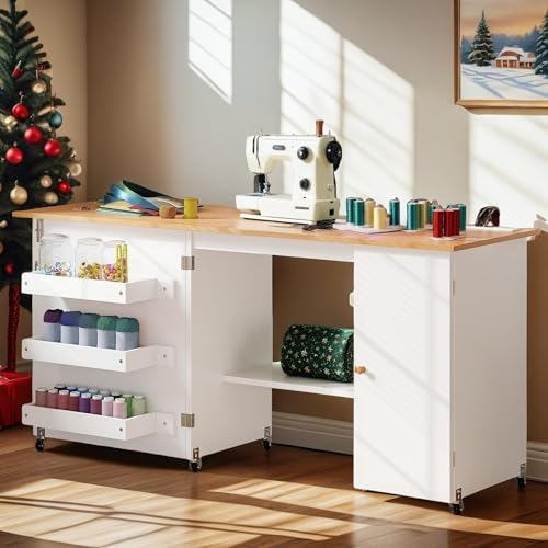 DWVO Folding Sewing Table w/Charging Station, Sewing Table with Storage,