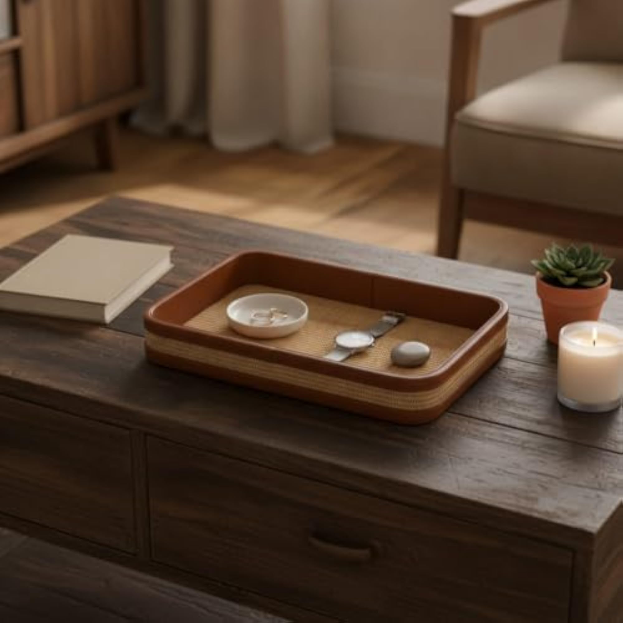 Rectangular Woven Tray with Leather Rim