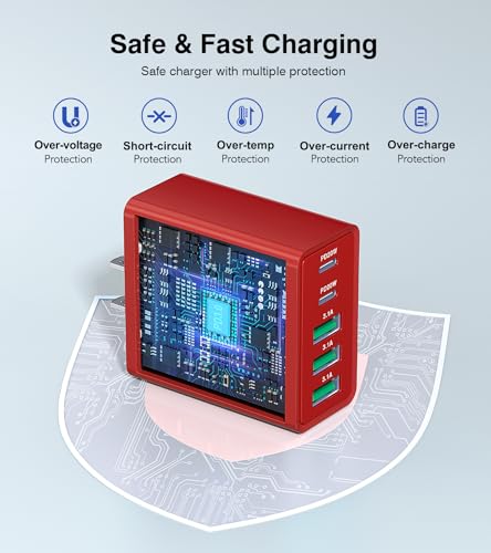 Image of USB C Wall Charger Block, 2Pack 50W USB C Charger 5-Port PD Fast Charging Blocks,QC 3.0 USB A Multiport Plug,Type C Power Adapter Brick Cube for iPhone 17 /16 /15 /14 /13 /Pro,Samsung,for Switch /Pixel(Red)