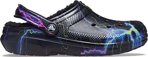 Image of Crocs Unisex Classic Graphic Lined Clogs | Fuzzy Slippers, Lightning Print, 5 Men /7 Women