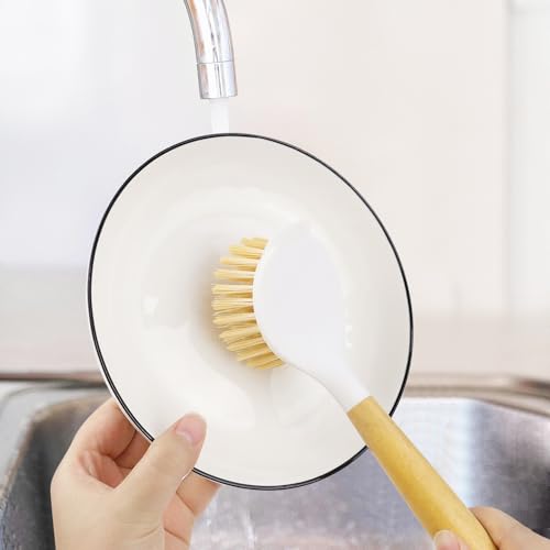 Image of 2 Pack Kitchen Scrub Brushes for Cleaning Dish Brush with Handle for Pans, Pots, Kitchen Sink Cleaning Scrub Brushes (Wooden Handle)