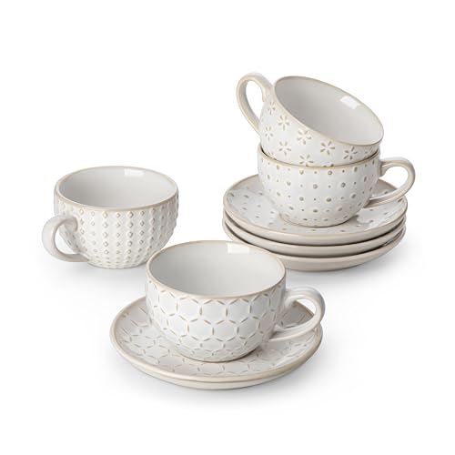 MALACASA Serie LYDIA, Juego de 4 Tazas de Café para 4 Personas, 150 ml, Tazas Cafe Espresso Apilable con Platillo, Ideal para Espresso, Capuchino, Latte, Moka y Té, Diseño en Relieve
