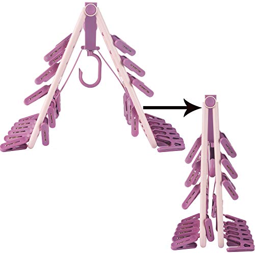 Foldable Clip Hangers with 32 Clothespin Drying Clips,Laundry Clip Drip Drying Hanger for Underwear Socks Bras Lingerie Clothes(Pink)