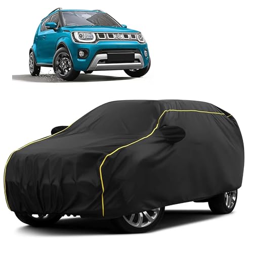 Image of Sulfar 100% Water Resistant Car Body Cover Compatible with Mirror for Maruti Suzuki Ignis (Triple Stitched, Full Bottom Elastic, Black Taffeta with Yellow Piping)