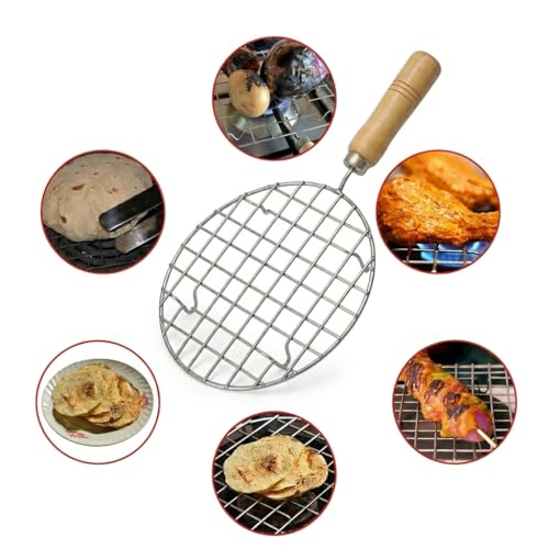 Image of Papad Jali Roast Paneer Grill Roti Maker | Round Barbeque Chapati Toast Grill with Wooden Handle | Stainless Steel Vegetable Tandoor Net for Baigan Bharta, Roti, Papad & BBQ Use