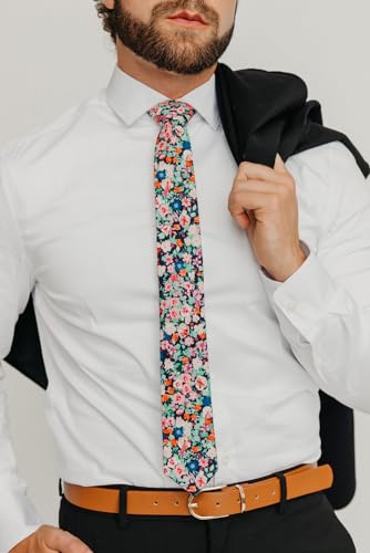 Image of DAZI Men's Skinny Tie Floral Print Cotton Necktie, Great for Weddings, Groom, Groomsmen, Missions, Dances, Gifts.