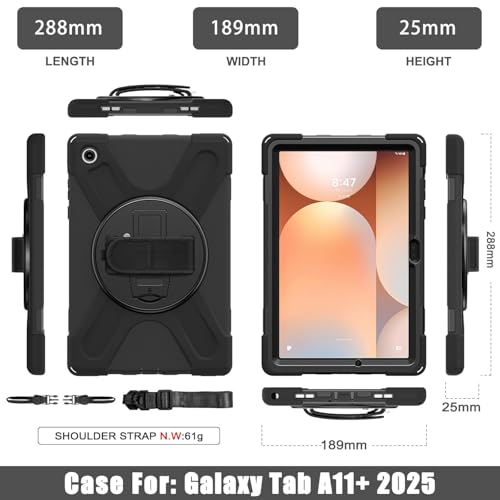 Image of ProElite Cover for Galaxy Tab A11 Plus 11 inch 2025 Cover, Rugged 3 Layer Armor case Cover for Galaxy Tab A11+ 11 inch with Hand Grip & Rotating Kickstand with Shoulder Strap, Black