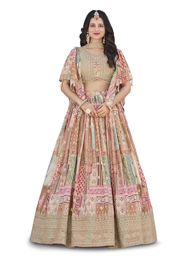 Image of Women's Digital Print With Zari Dori Embroidery Work Chinnon Silk Lehenga Choli With Dupatta (Women-Lehenga-Choli-New; Free size)